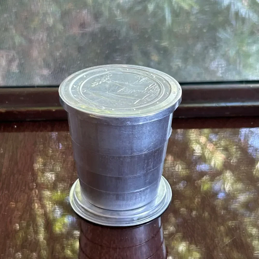 Vintage Aluminum Collapsible Travel Cup – Sailboat Lid – 3” Tall
